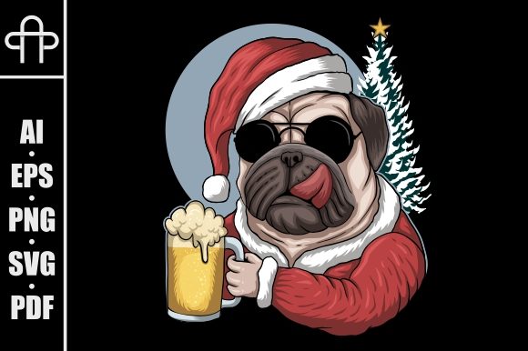Pug Dog Beer Wearing a Santa Costume