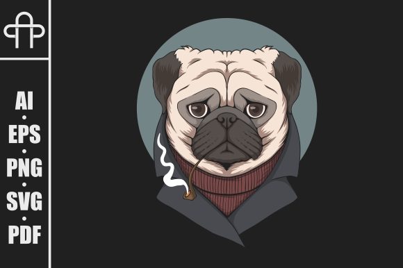 Pug Dog Smoke Pipe Illustration